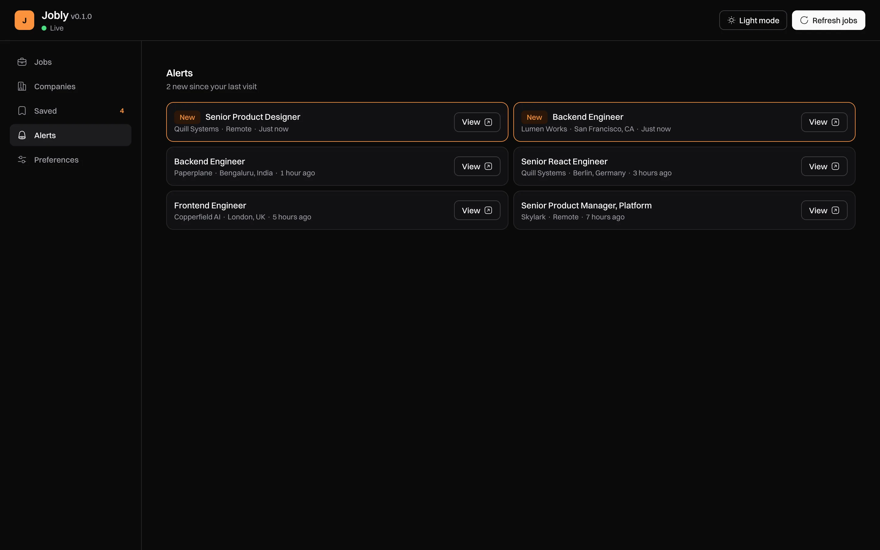 Alerts: new matching jobs with how long ago each was found.