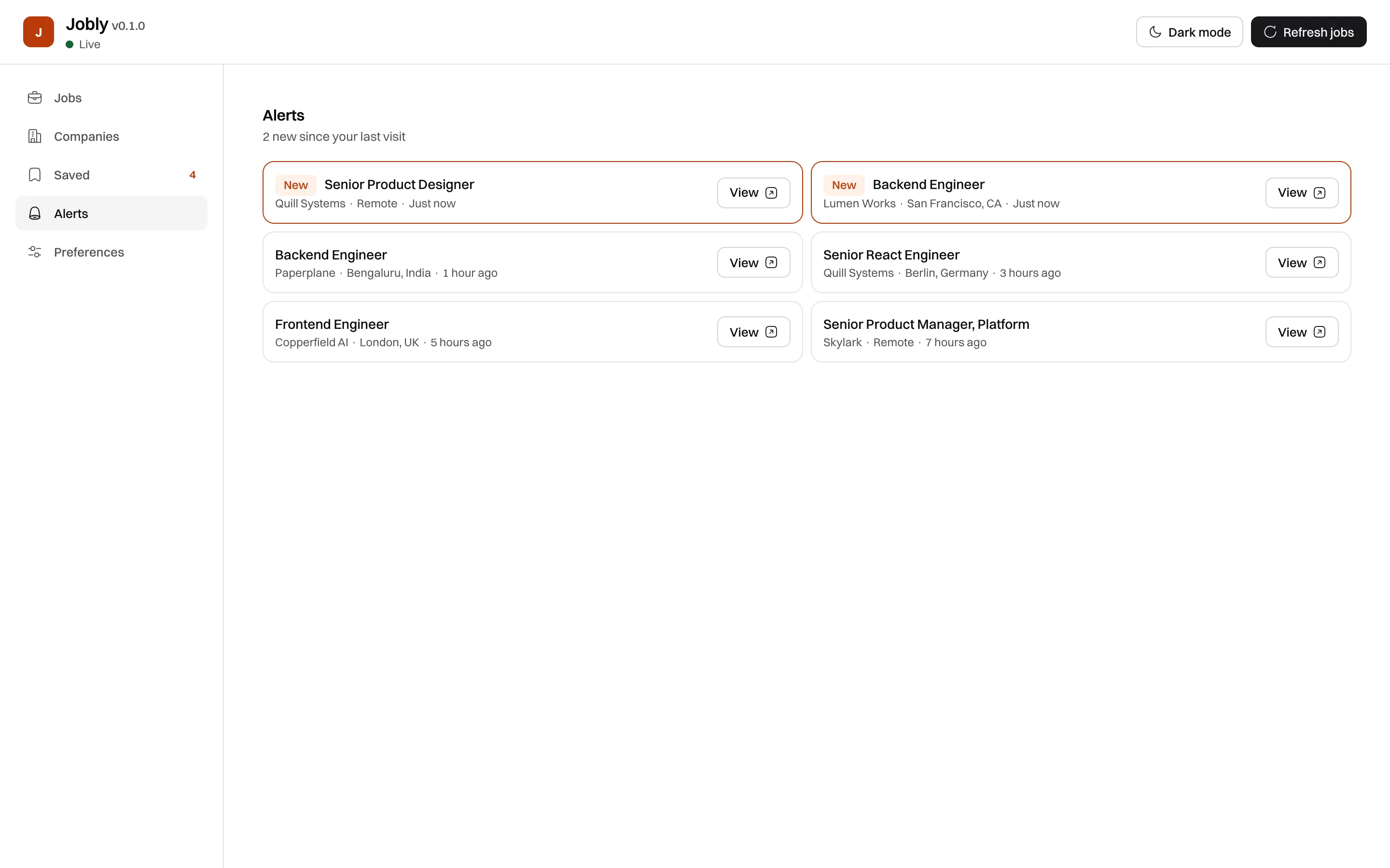 Alerts: new matching jobs with how long ago each was found.