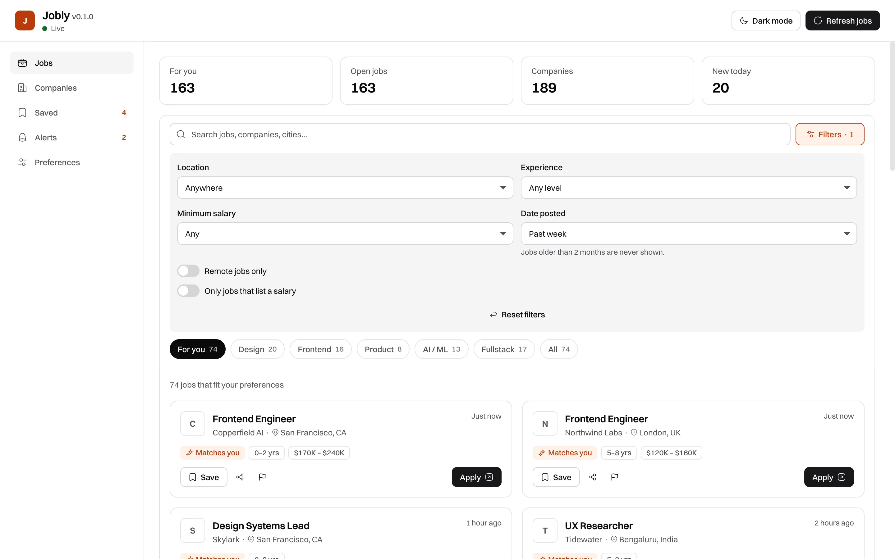The filters panel open with Date posted set to Past week.