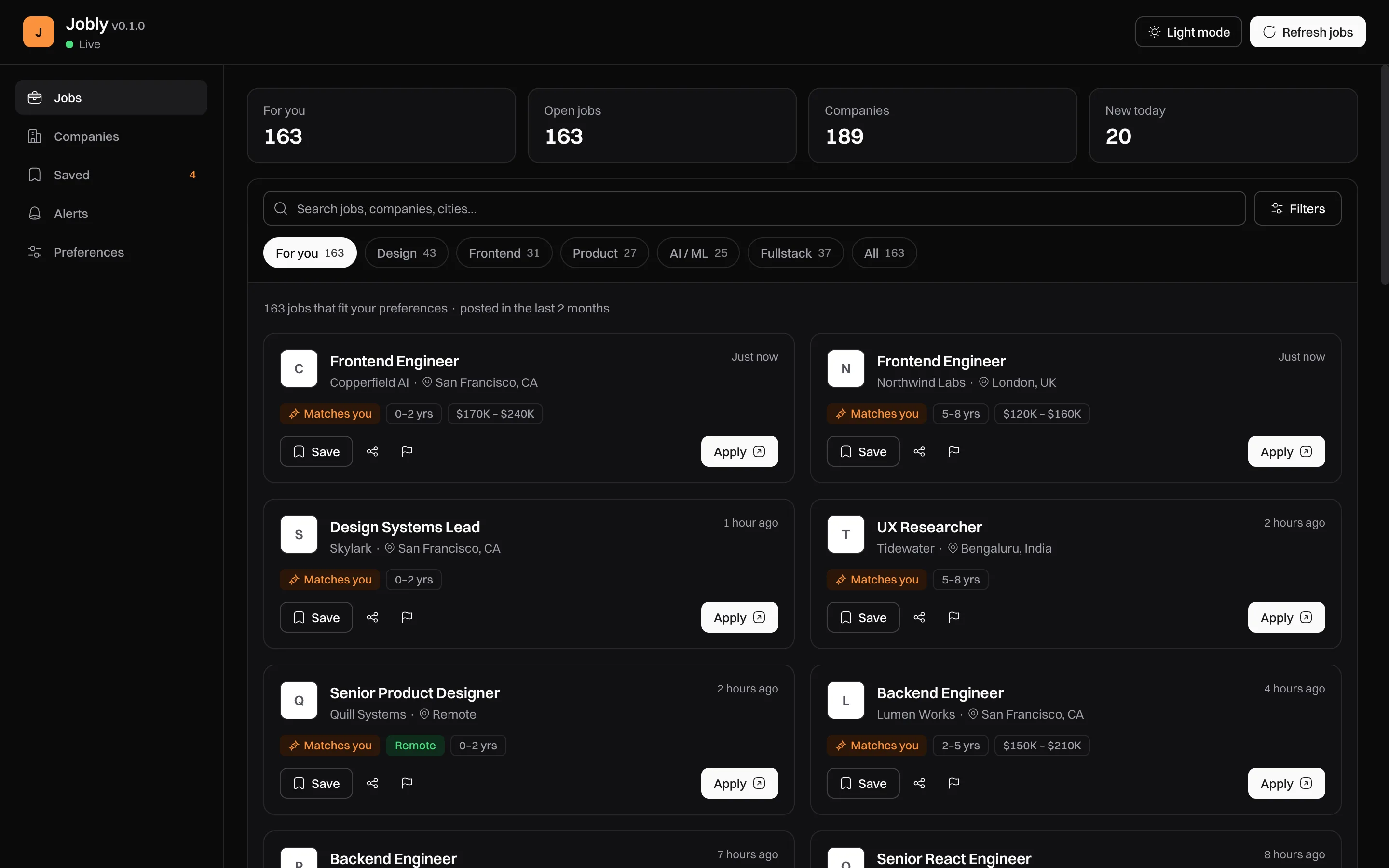 The Jobly dashboard: job cards with company, location, posting time, a Matches you badge, and Save and Apply buttons.