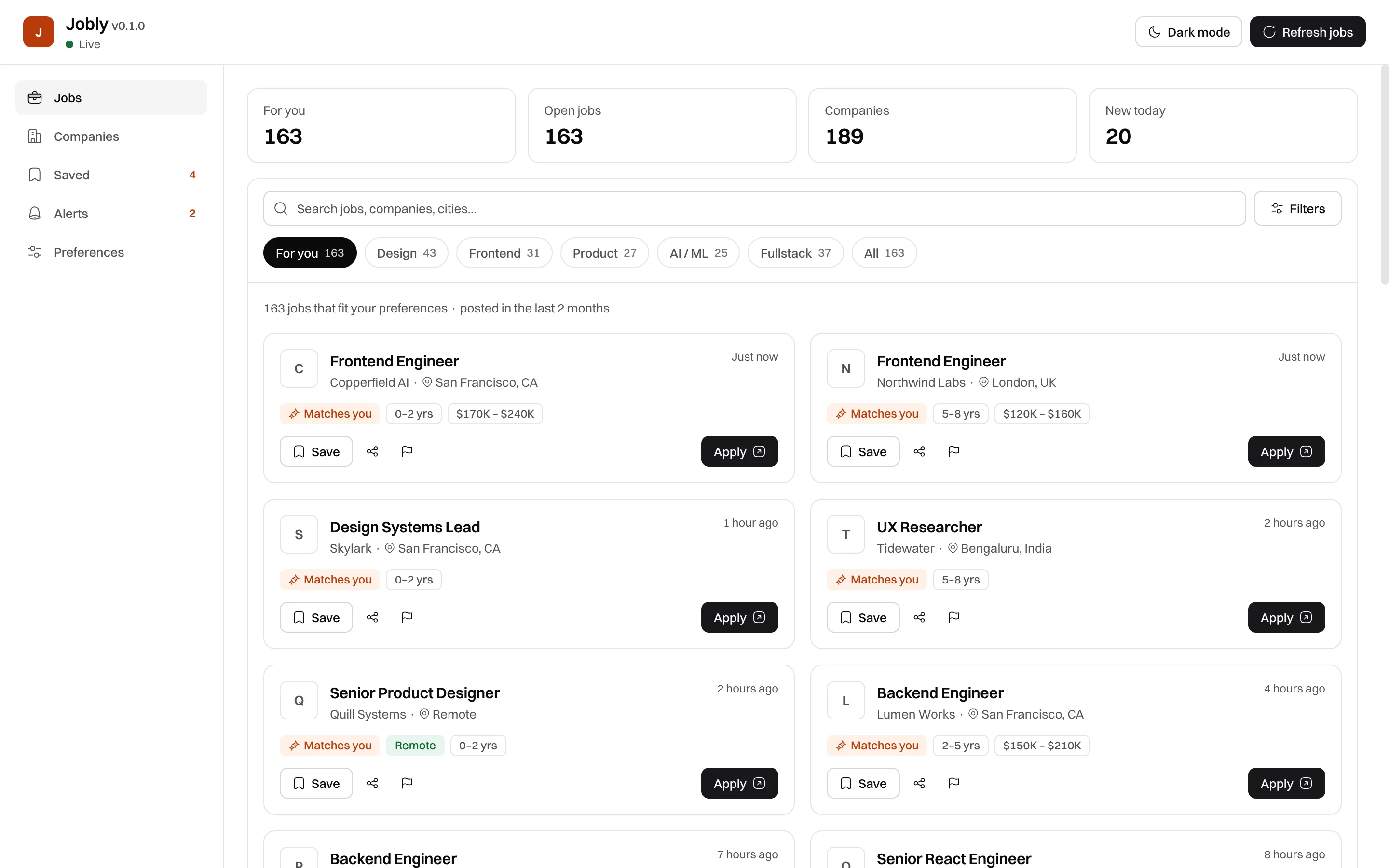 The Jobly dashboard: job cards with company, location, posting time, a Matches you badge, and Save and Apply buttons.